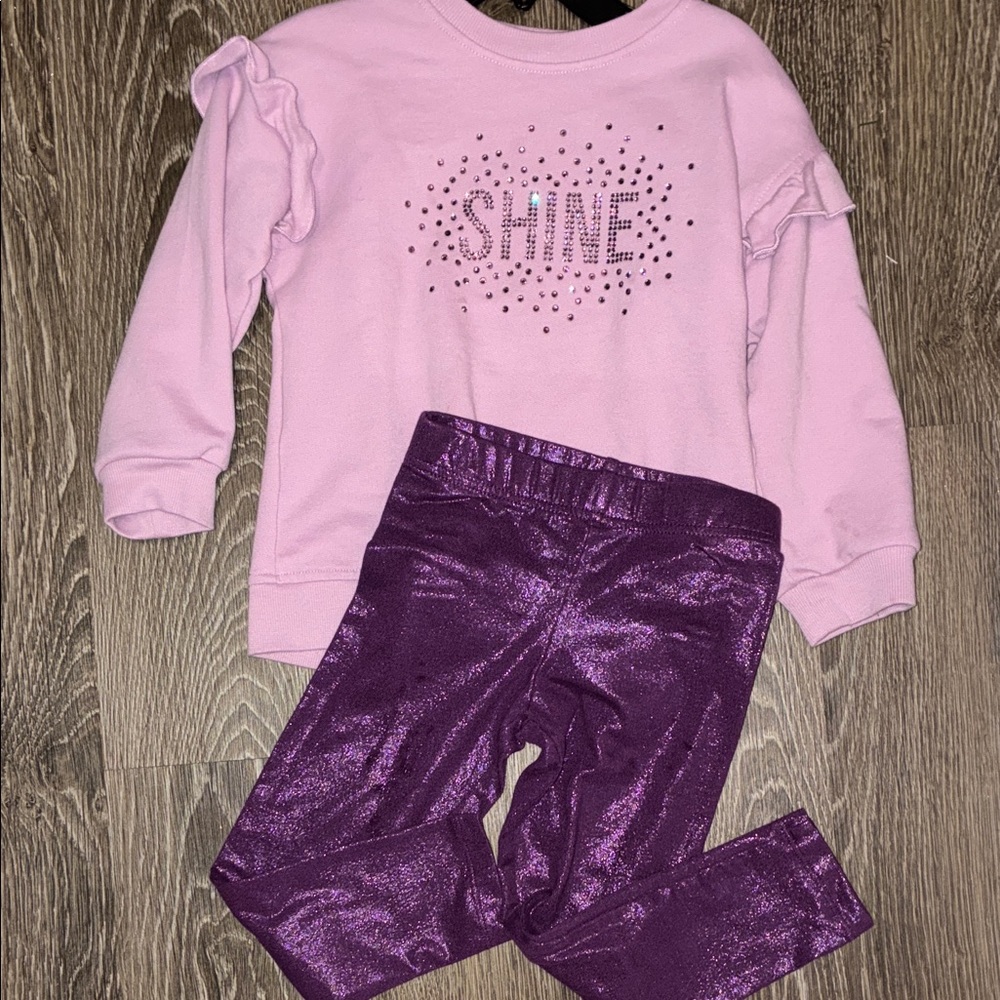 Pink Sparkle "Shine" Sweatshirt with Metallic Purple Leggings 4T never worn